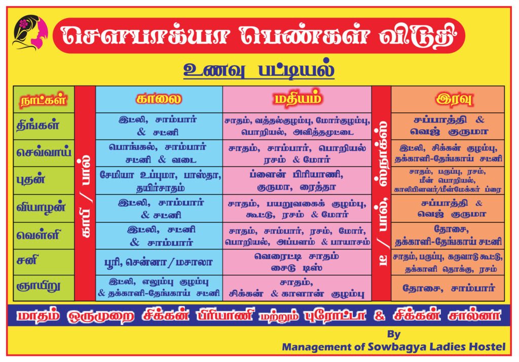 Food Menu - Sowbagya Ladies Hostel